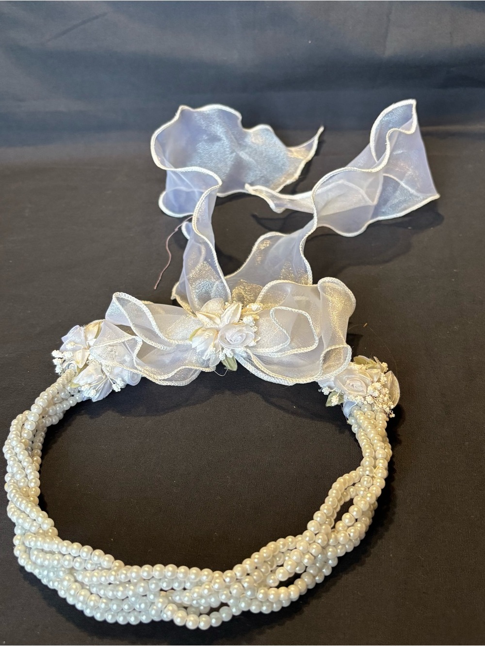 First Comunion, Wedding White Faux Pearls Braided Headband Crown w/Sheer Ribbon - Picture 2 of 7